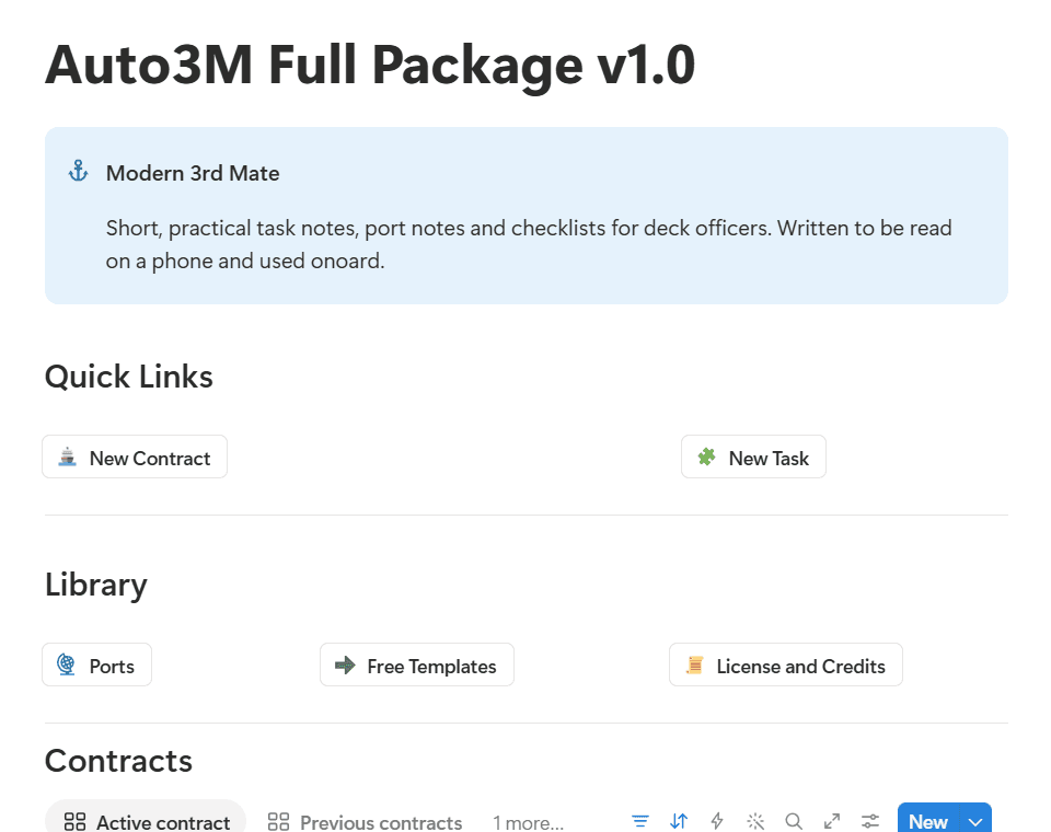 The Auto3M contract dashboard in Notion, with quick links, library and active contracts