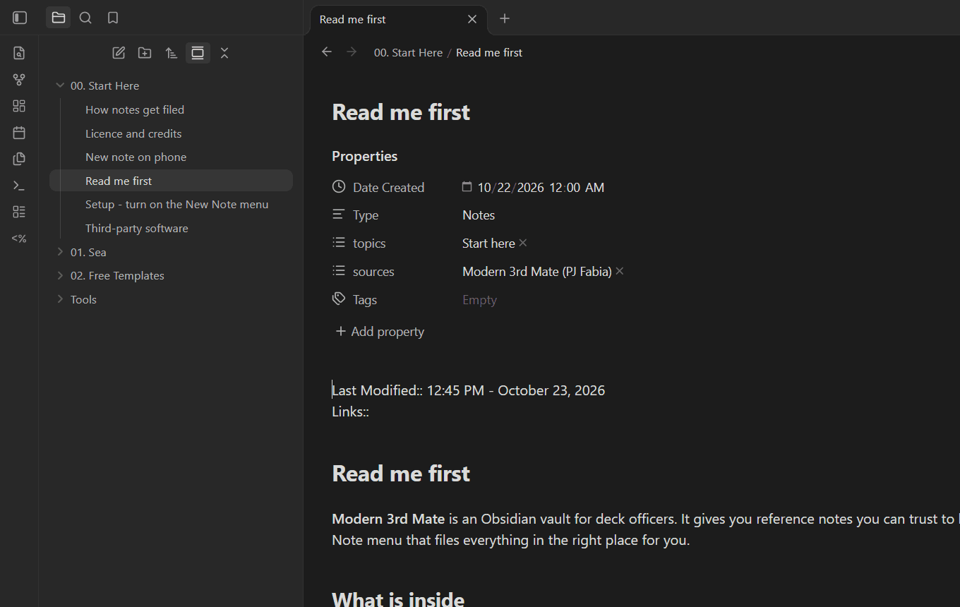 The Auto3M vault open in Obsidian, showing the Read me first note